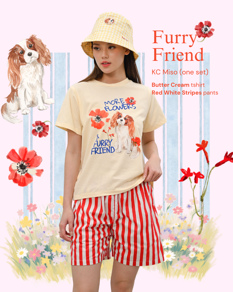 KC Miso In  Furry Friends Baju Kaos dengan Celana Pendek Piyama Kaos