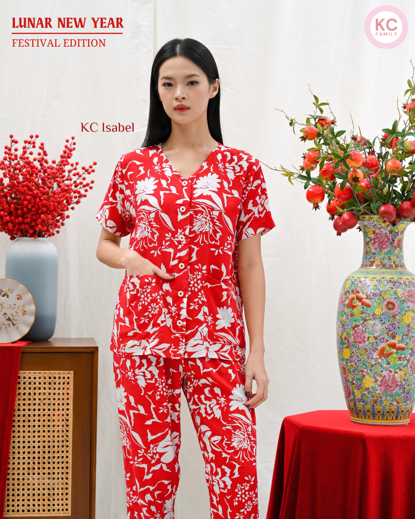 KC Isabel in Red Dynasty Piyama Baju Tidur Wanita Kerah V neck Celana 7/8