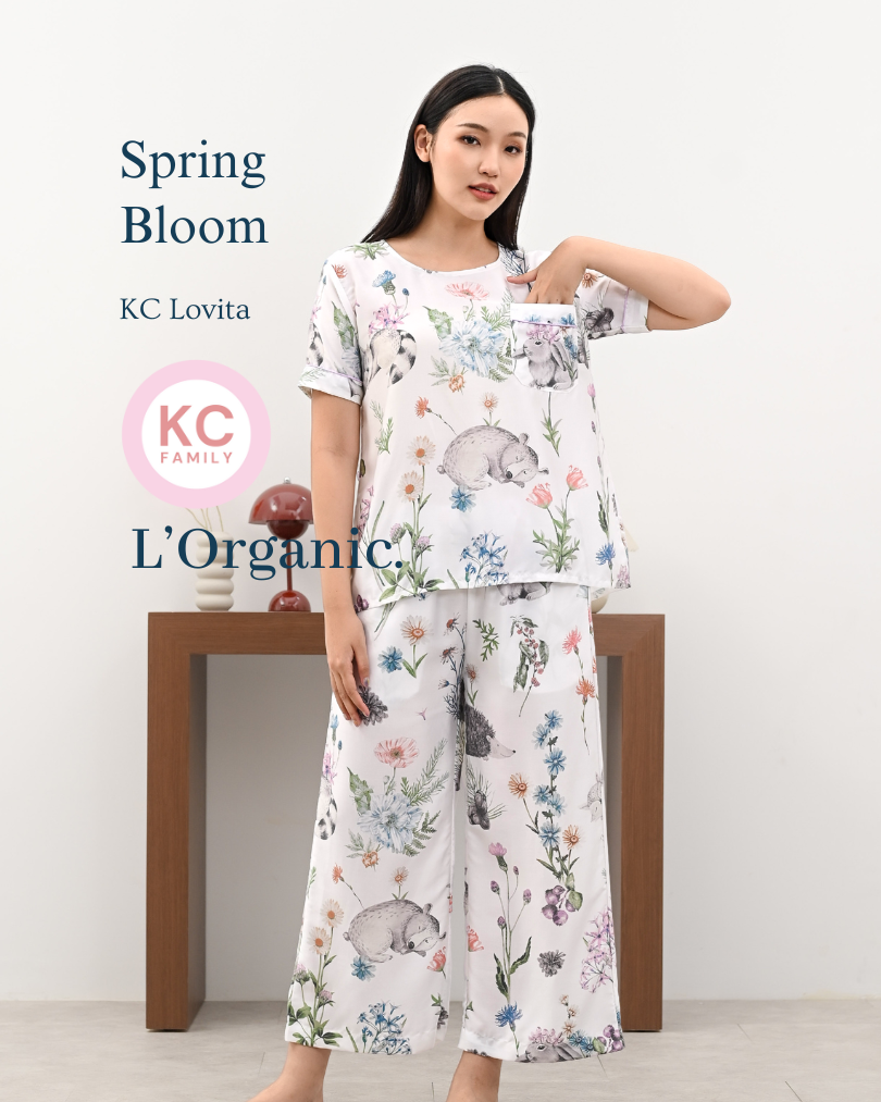 KC Lovita in Spring Bloom  Piyama Kerah Bulat Lengan Pendek Celana Panjang Kulot