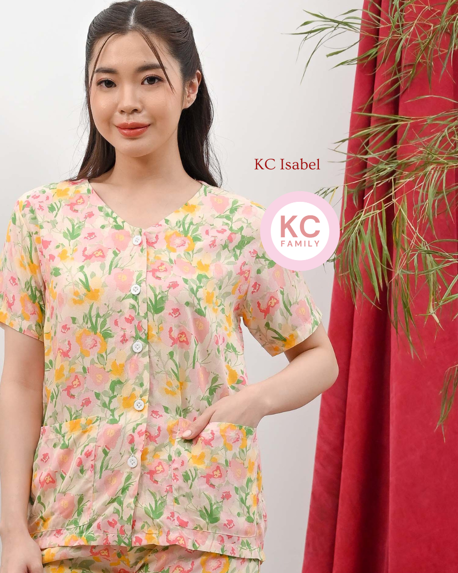 KC Isabel in Morning Bloom Piyama Baju Tidur Wanita Kerah V neck Celana 7/8