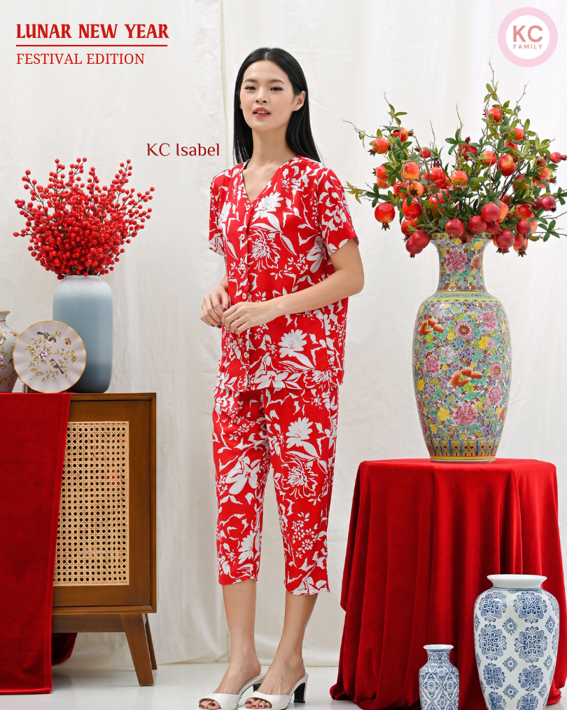 KC Isabel in Red Dynasty Piyama Baju Tidur Wanita Kerah V neck Celana 7/8