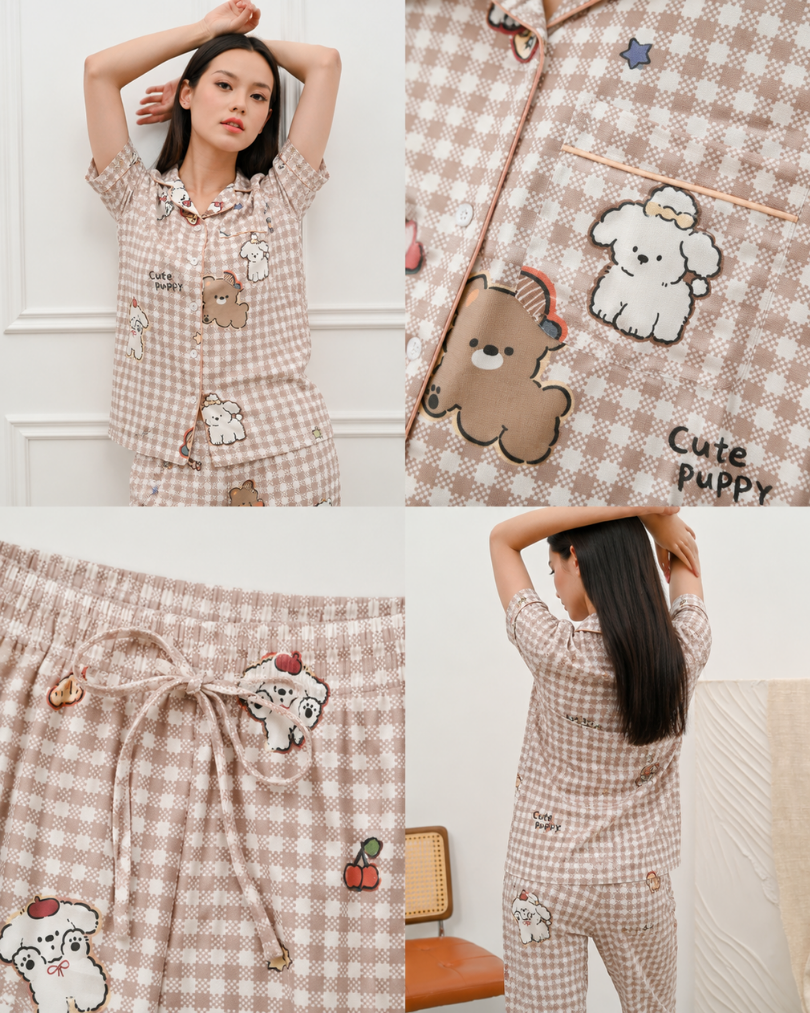 Classic Pajama in Breakfast Puppy Piyama Baju Tidur Wanita Lengan Pendek Celana Panjang