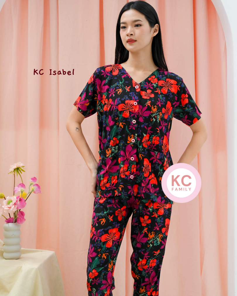 KC Isabel in Tropical Noir Piyama Baju Tidur Wanita Kerah V neck Celana 7/8