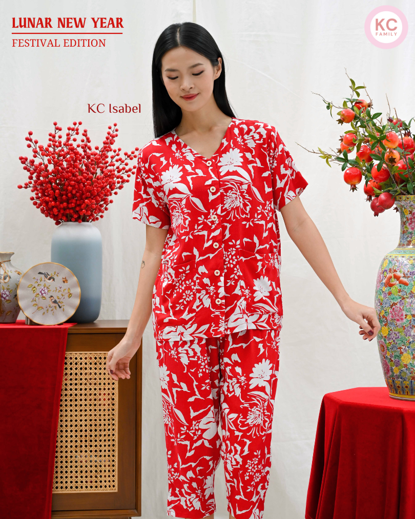 KC Isabel in Red Dynasty Piyama Baju Tidur Wanita Kerah V neck Celana 7/8
