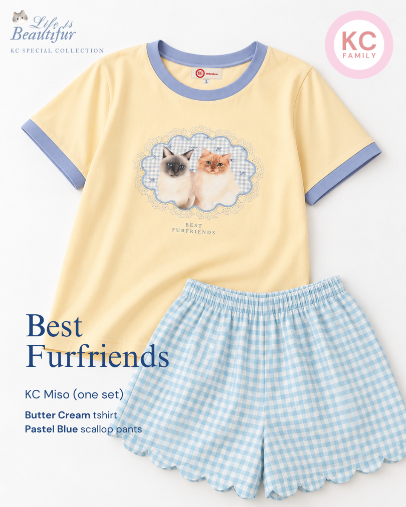KC Miso in Best Furfriends Baju Kaos dengan Celana Pendek Piyama Kaos