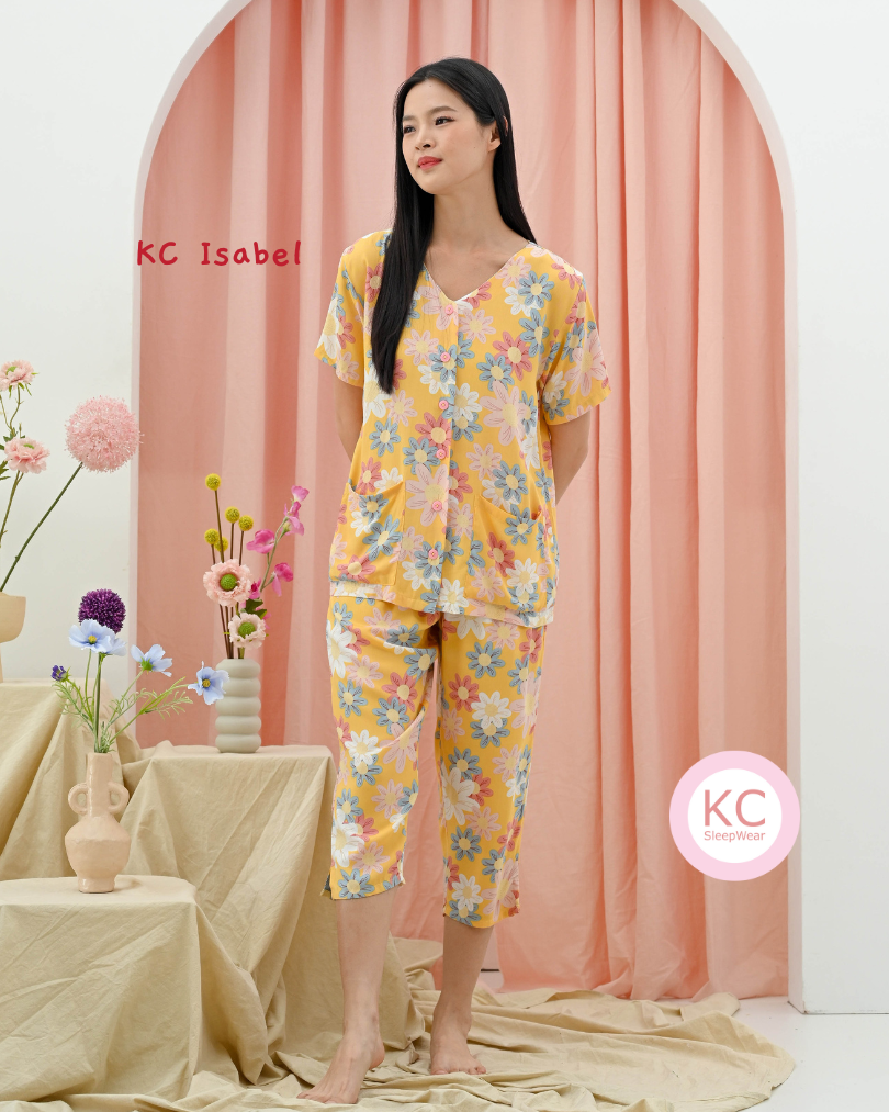 KC Isabel in Daily Spring Wanita V-Neck Celana 7/8 Lengan Pendek Piyama Baju Tidur