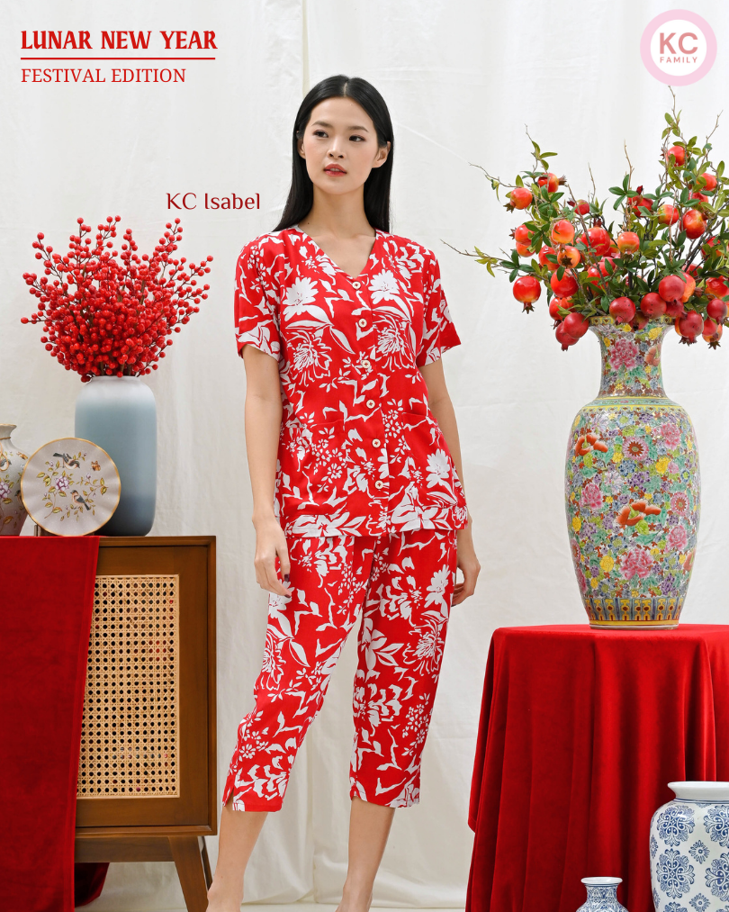 KC Isabel in Red Dynasty Piyama Baju Tidur Wanita Kerah V neck Celana 7/8