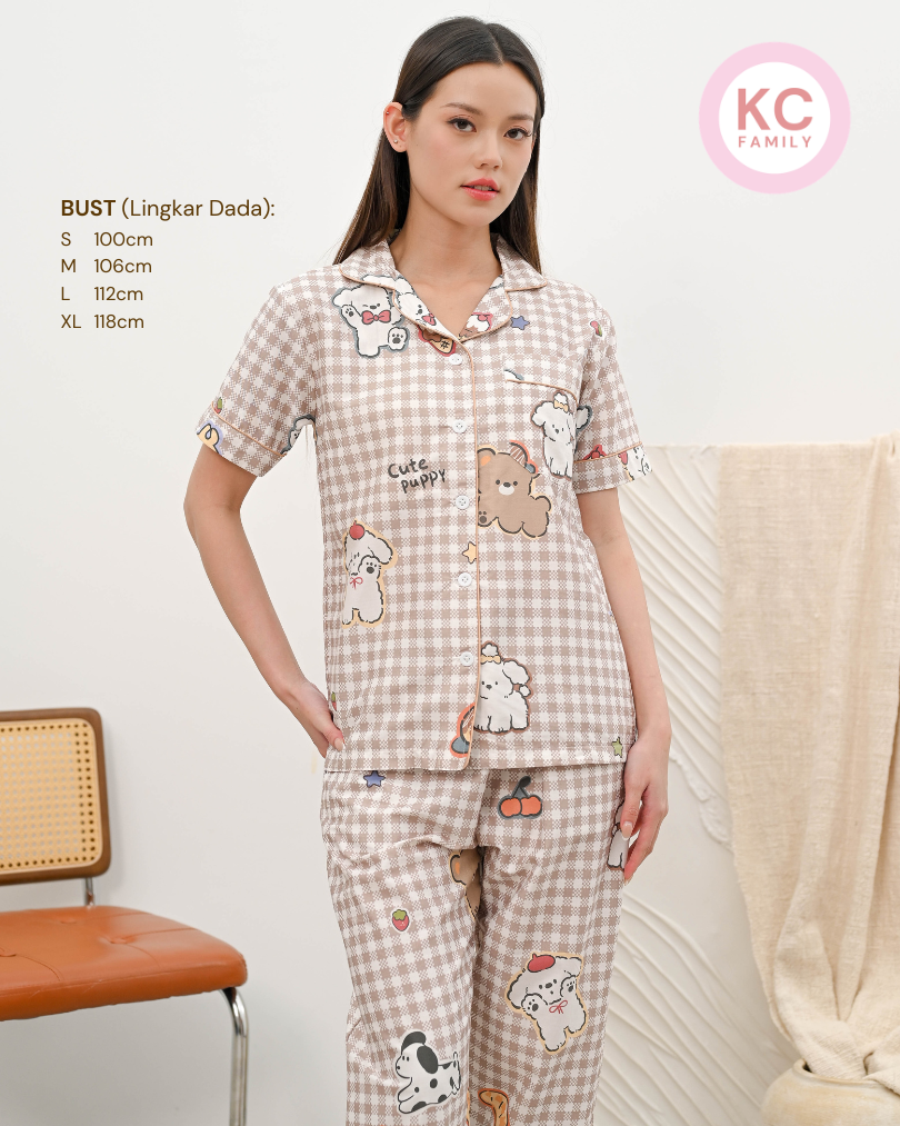 Classic Pajama in Breakfast Puppy Piyama Baju Tidur Wanita Lengan Pendek Celana Panjang
