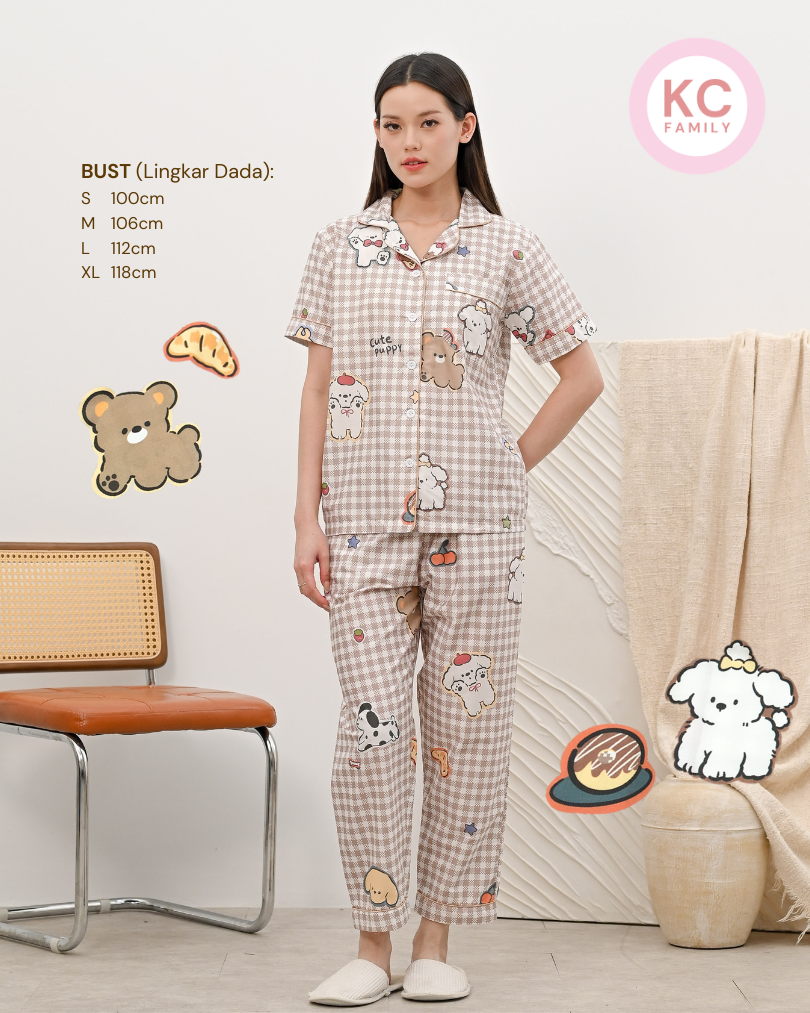 Classic Pajama in Breakfast Puppy Piyama Baju Tidur Wanita Lengan Pendek Celana Panjang