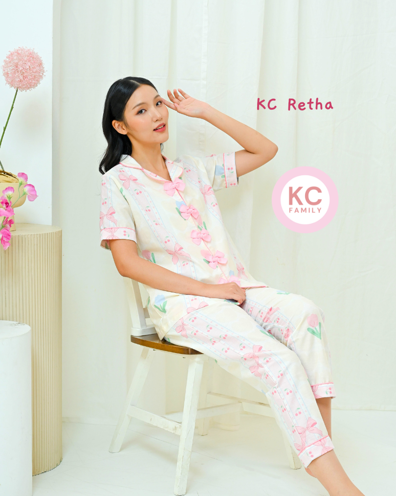 KC Retha in Cherry Bow Baju Tidur Wanita Lengan Pendek Celana Panjang