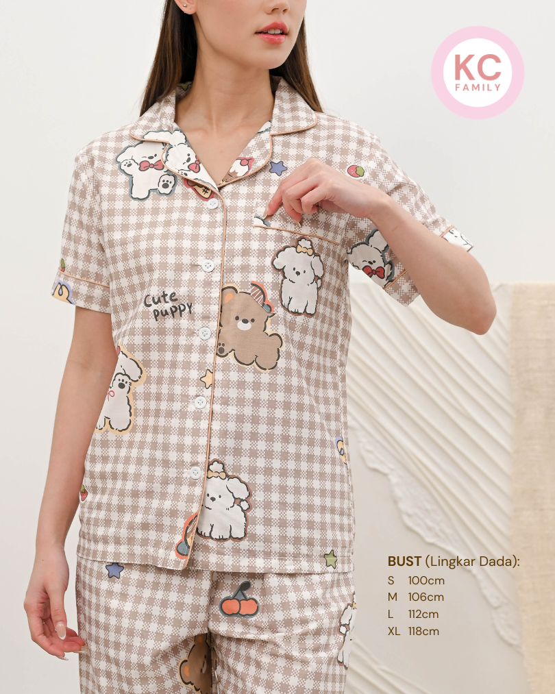 Classic Pajama in Breakfast Puppy Piyama Baju Tidur Wanita Lengan Pendek Celana Panjang