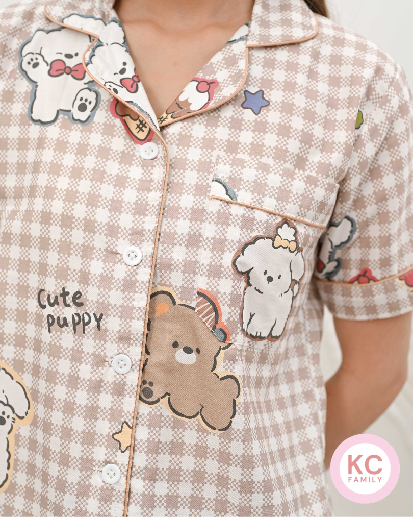 Classic Pajama in Breakfast Puppy Piyama Baju Tidur Wanita Lengan Pendek Celana Panjang
