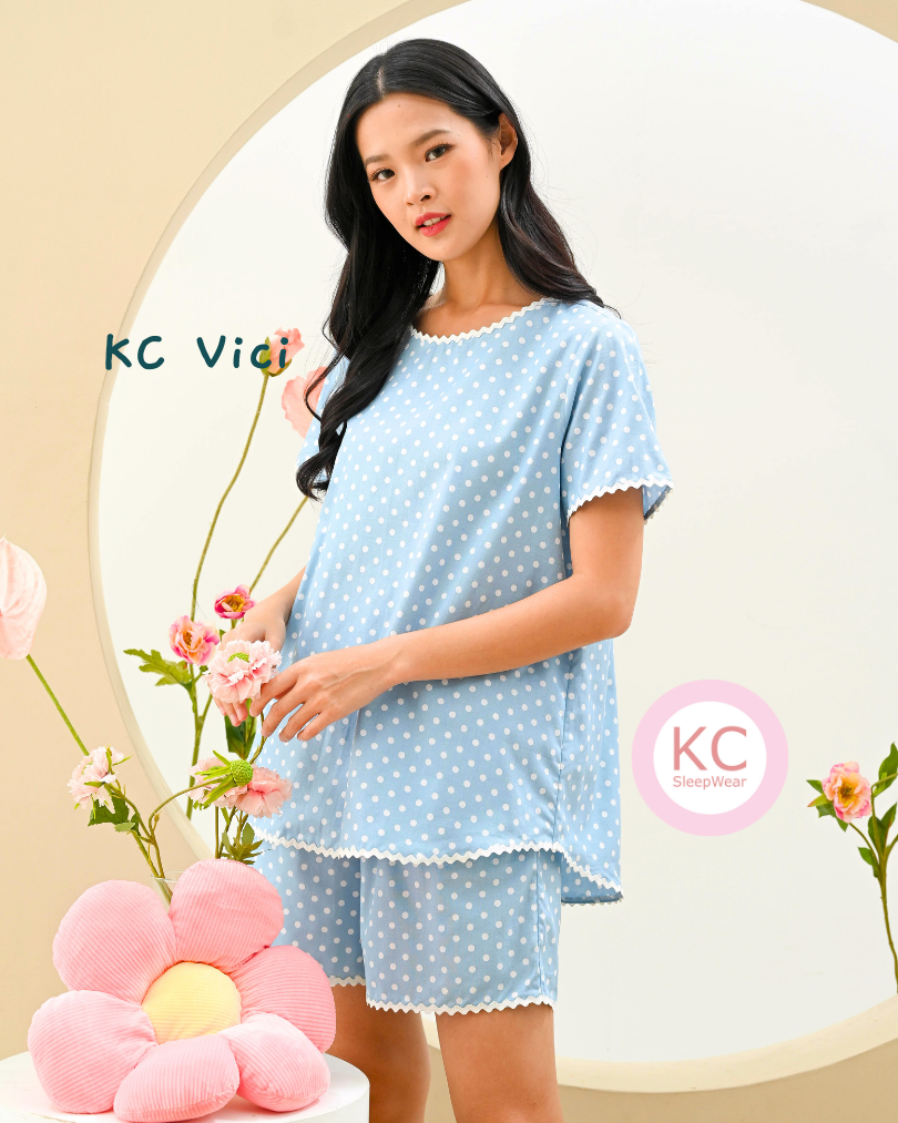 KC Vici In Aqua Blue Polkadots Baju Tidur Wanita Piyama Set Lengan Pendek Celana Pendek