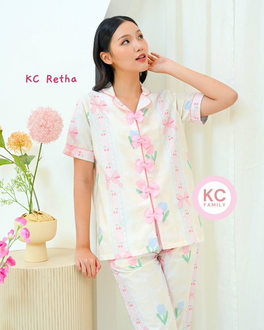 KC Retha in Cherry Bow Baju Tidur Wanita Lengan Pendek Celana Panjang