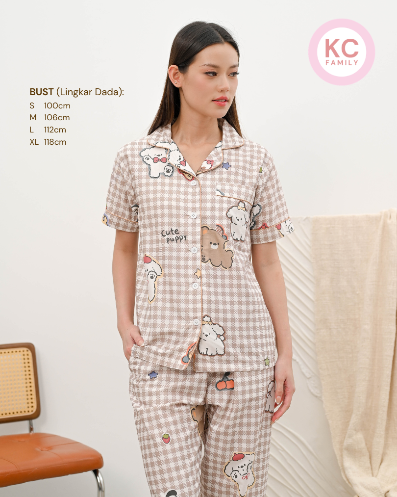 Classic Pajama in Breakfast Puppy Piyama Baju Tidur Wanita Lengan Pendek Celana Panjang