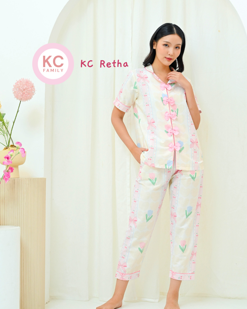 KC Retha in Cherry Bow Baju Tidur Wanita Lengan Pendek Celana Panjang