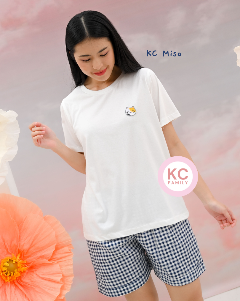 KC Miso in Gingham Paws  Baju Tidur Kaos dengan Celana Pendek  Piyama Kaos