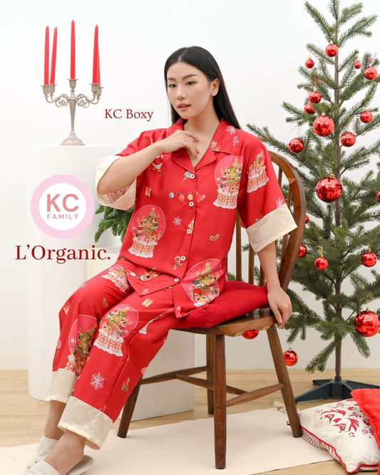 KC Boxy in Twinkle Snowglobe Piyama Wanita Baju Tidur Lengan Sesiku Celana Panjang