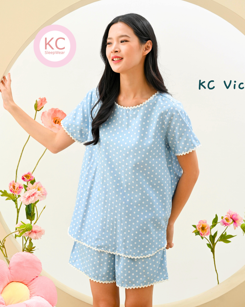 KC Vici In Aqua Blue Polkadots Baju Tidur Wanita Piyama Set Lengan Pendek Celana Pendek