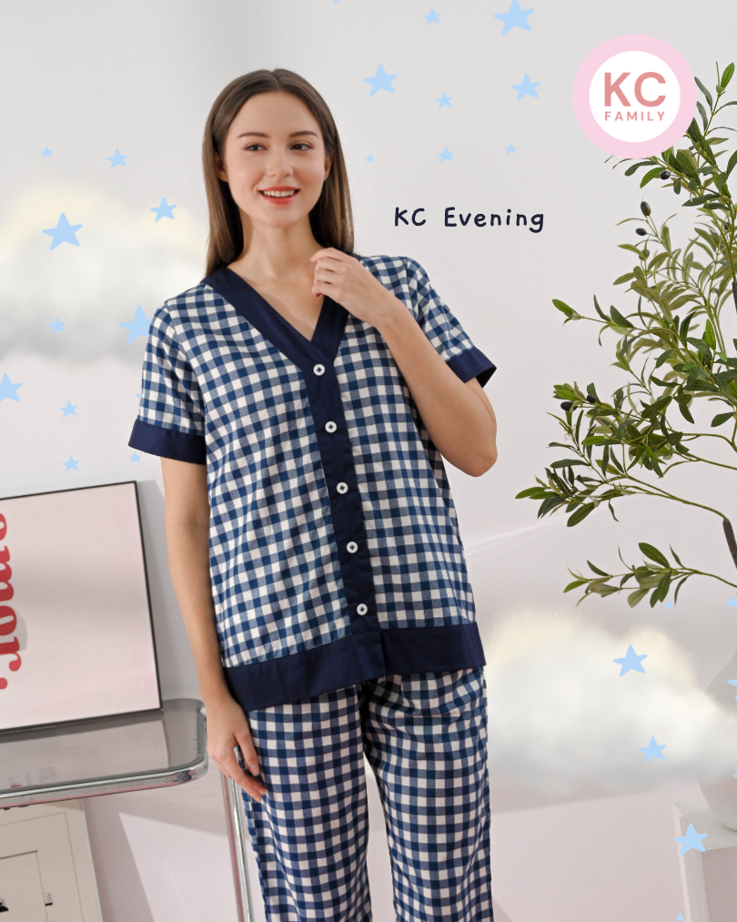 KC Evening in Navy Gingham  Piyama Wanita  Baju Tidur Lengan Pendek Celana Panjang