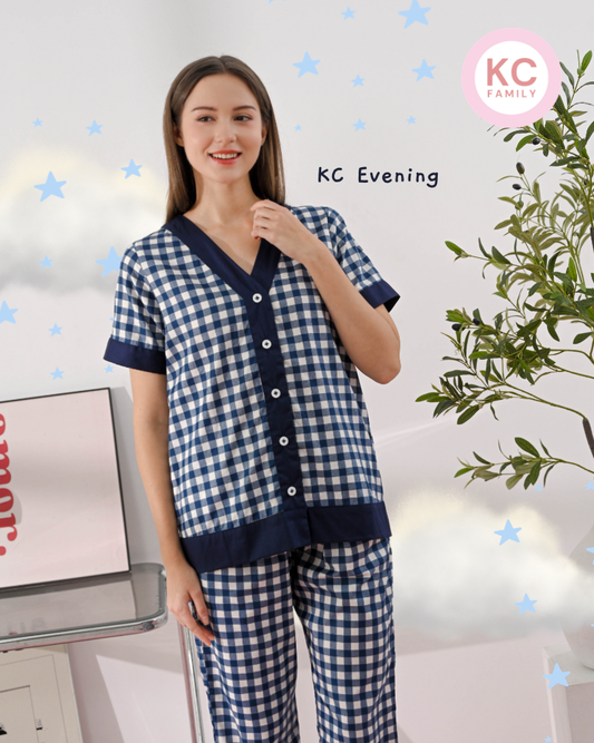 KC Evening in Navy Gingham  Piyama Wanita  Baju Tidur Lengan Pendek Celana Panjang