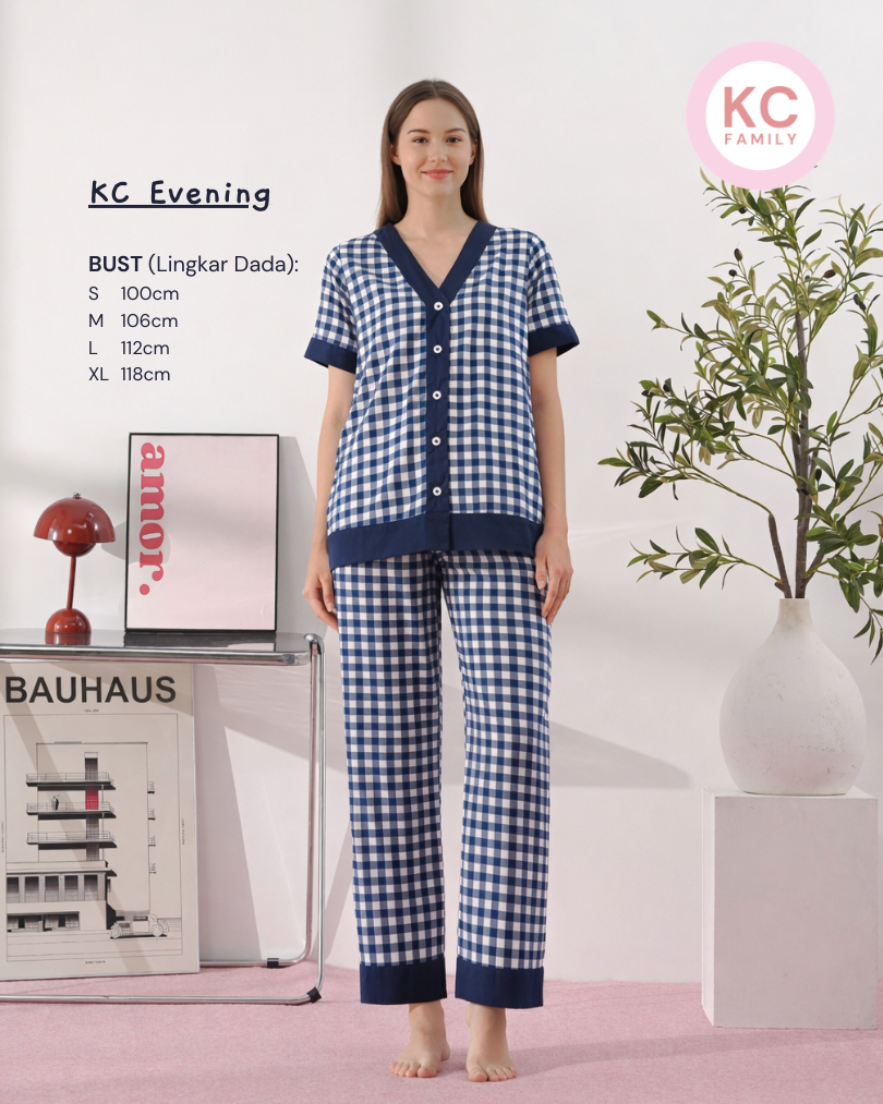 KC Evening in Navy Gingham  Piyama Wanita  Baju Tidur Lengan Pendek Celana Panjang