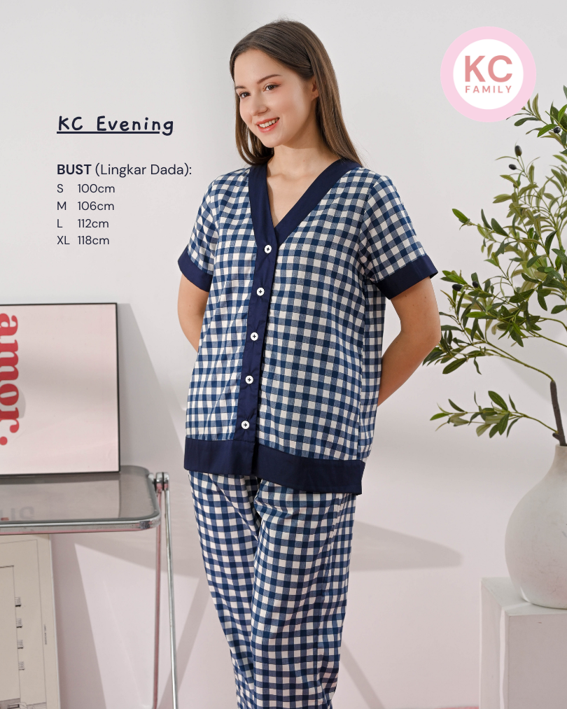KC Evening in Navy Gingham  Piyama Wanita  Baju Tidur Lengan Pendek Celana Panjang