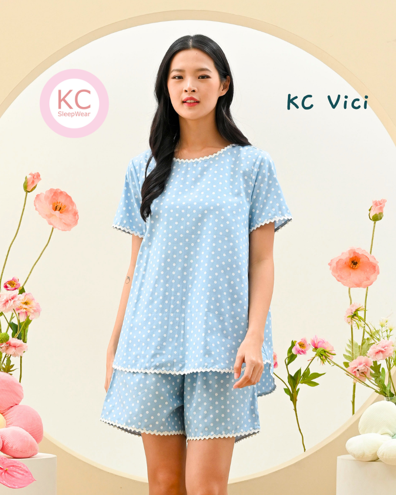 KC Vici In Aqua Blue Polkadots Baju Tidur Wanita Piyama Set Lengan Pendek Celana Pendek