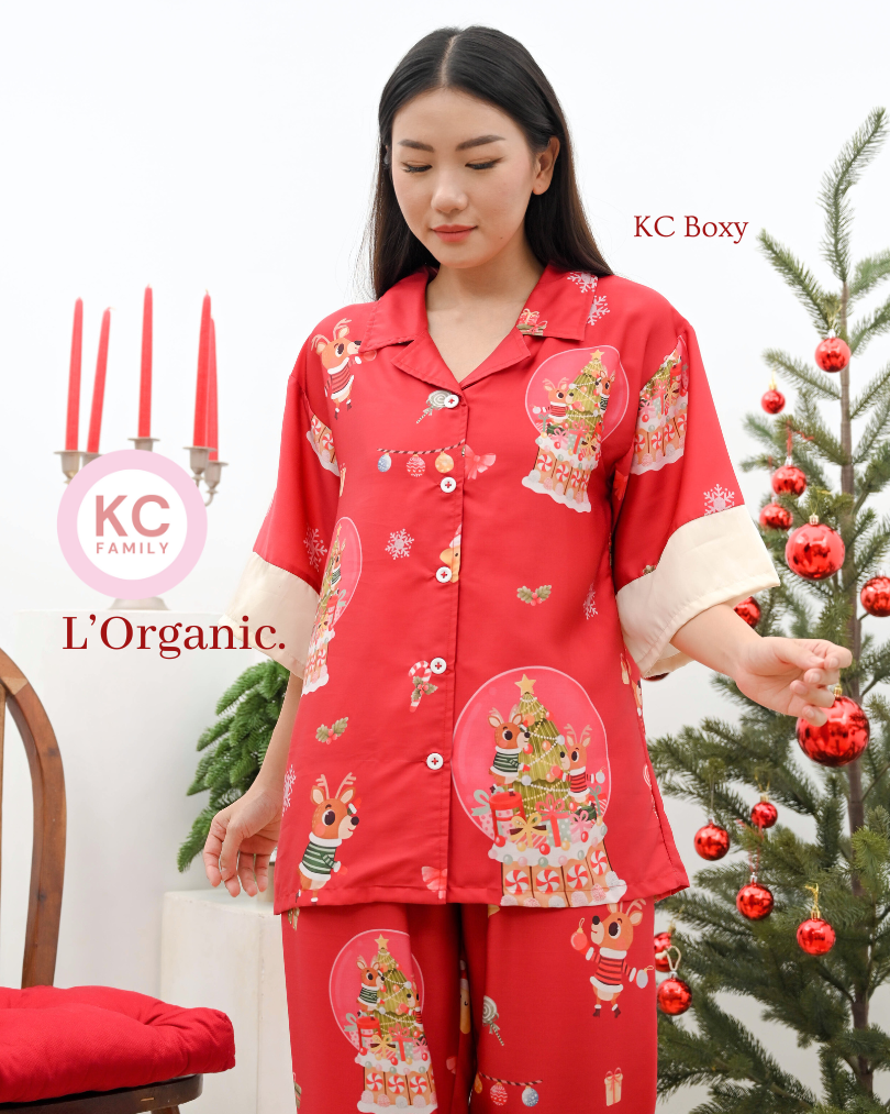 KC Boxy in Twinkle Snowglobe Piyama Wanita Baju Tidur Lengan Sesiku Celana Panjang