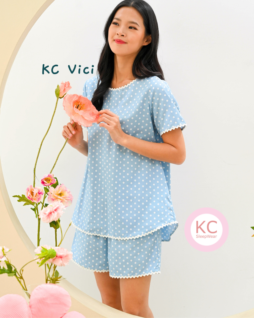 KC Vici In Aqua Blue Polkadots Baju Tidur Wanita Piyama Set Lengan Pendek Celana Pendek