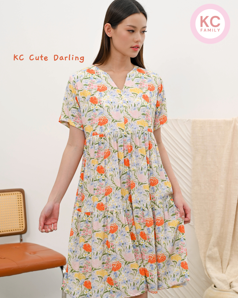KC Cute Darling in Pastel Garden Dress Wanita Midi Dress Busui Friendly Homedress Daster