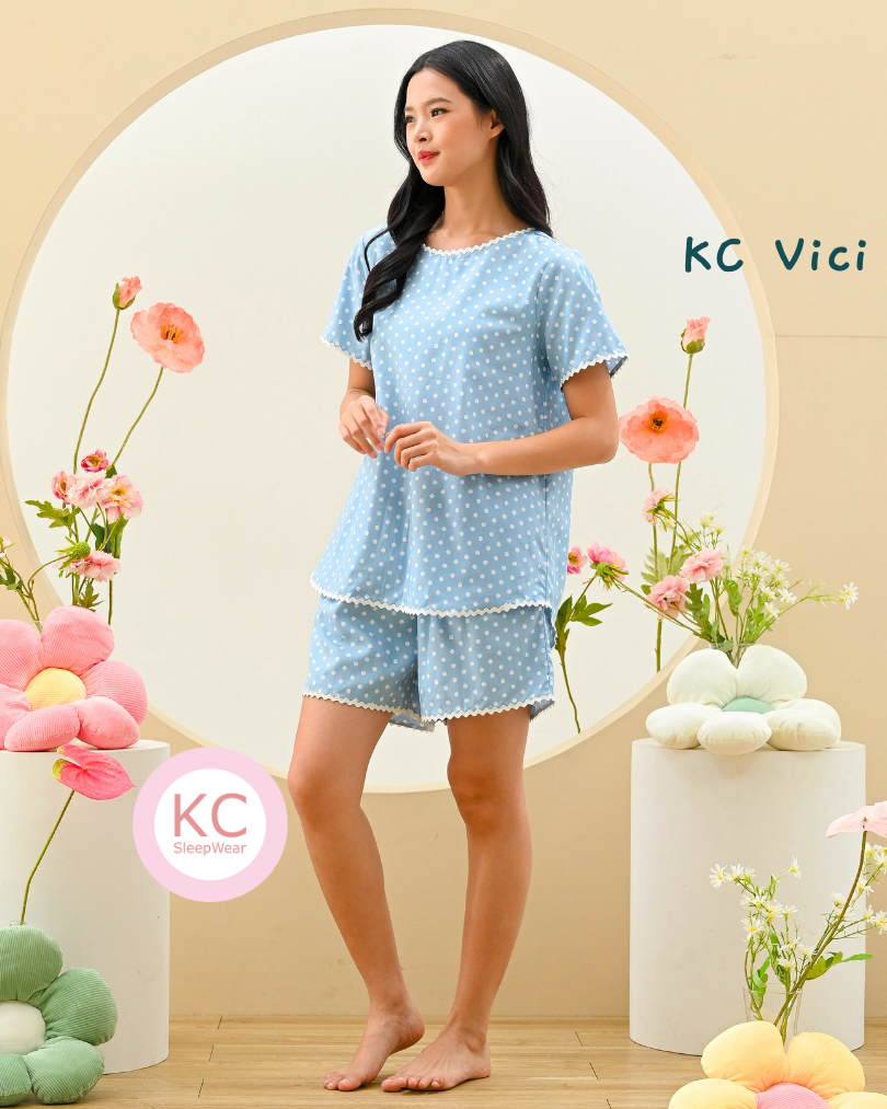 KC Vici In Aqua Blue Polkadots Baju Tidur Wanita Piyama Set Lengan Pendek Celana Pendek