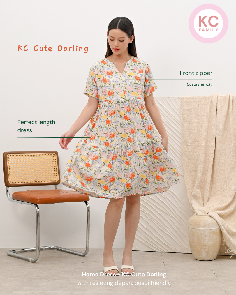 KC Cute Darling in Pastel Garden Dress Wanita Midi Dress Busui Friendly Homedress Daster