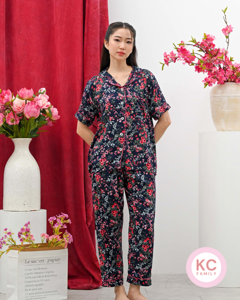 Classic Pajama in Sunday Floral Baju Tidur Wanita Piyama Celana Panjang Lengan Pendek