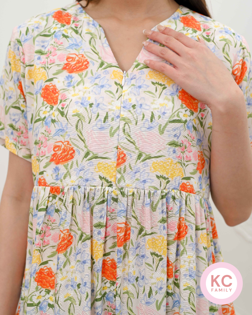 KC Cute Darling in Pastel Garden Dress Wanita Midi Dress Busui Friendly Homedress Daster