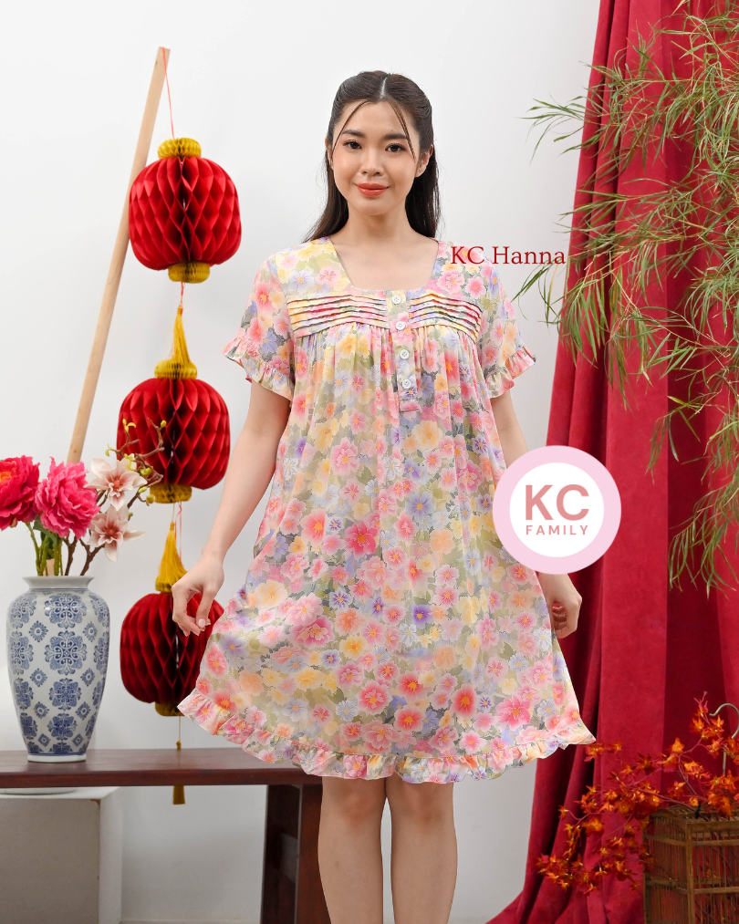KC Hanna in Rosie Posie Homedress Wanita Daster Wanita Lengan Pendek