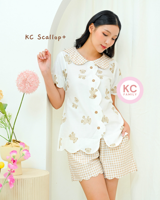 KC Scallop+ in Brown Teddy Piyama Wanita Baju Tidur Wanita Lengan Pendek Celana Pendek