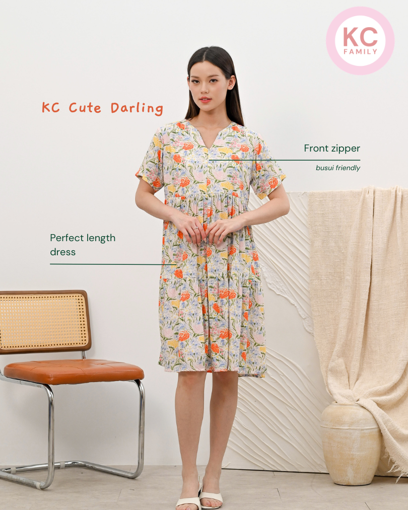 KC Cute Darling in Pastel Garden Dress Wanita Midi Dress Busui Friendly Homedress Daster