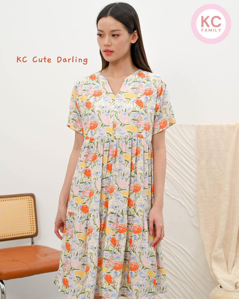 KC Cute Darling in Pastel Garden Dress Wanita Midi Dress Busui Friendly Homedress Daster
