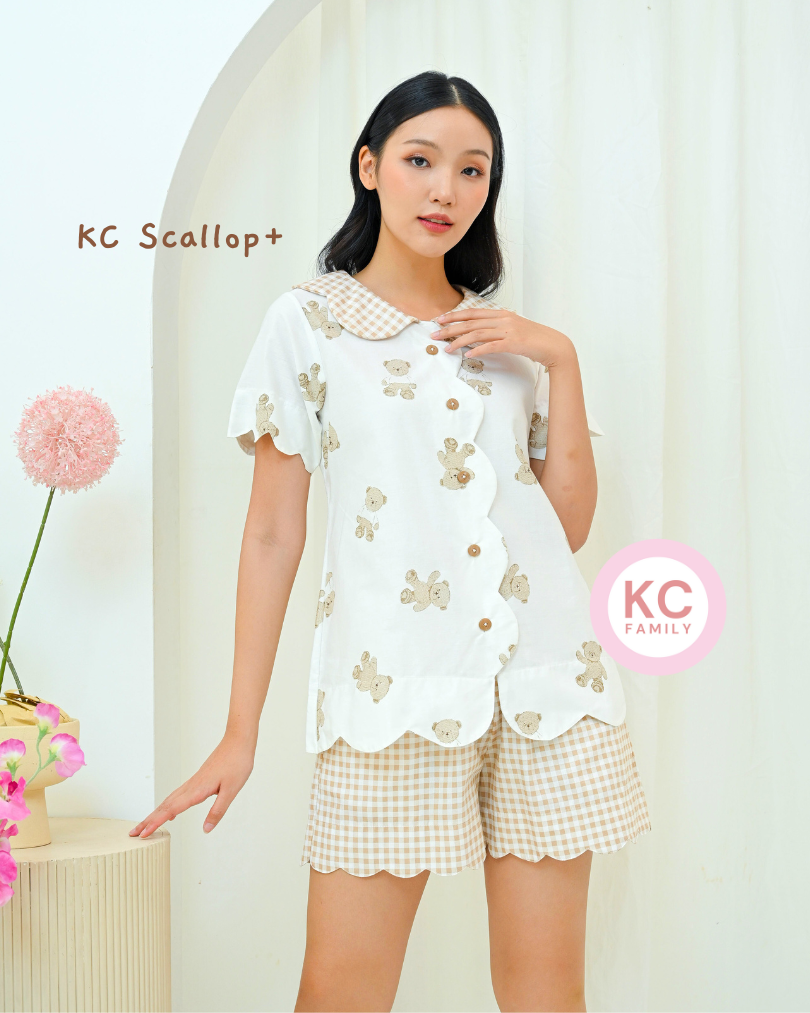 KC Scallop+ in Brown Teddy Piyama Wanita Baju Tidur Wanita Lengan Pendek Celana Pendek