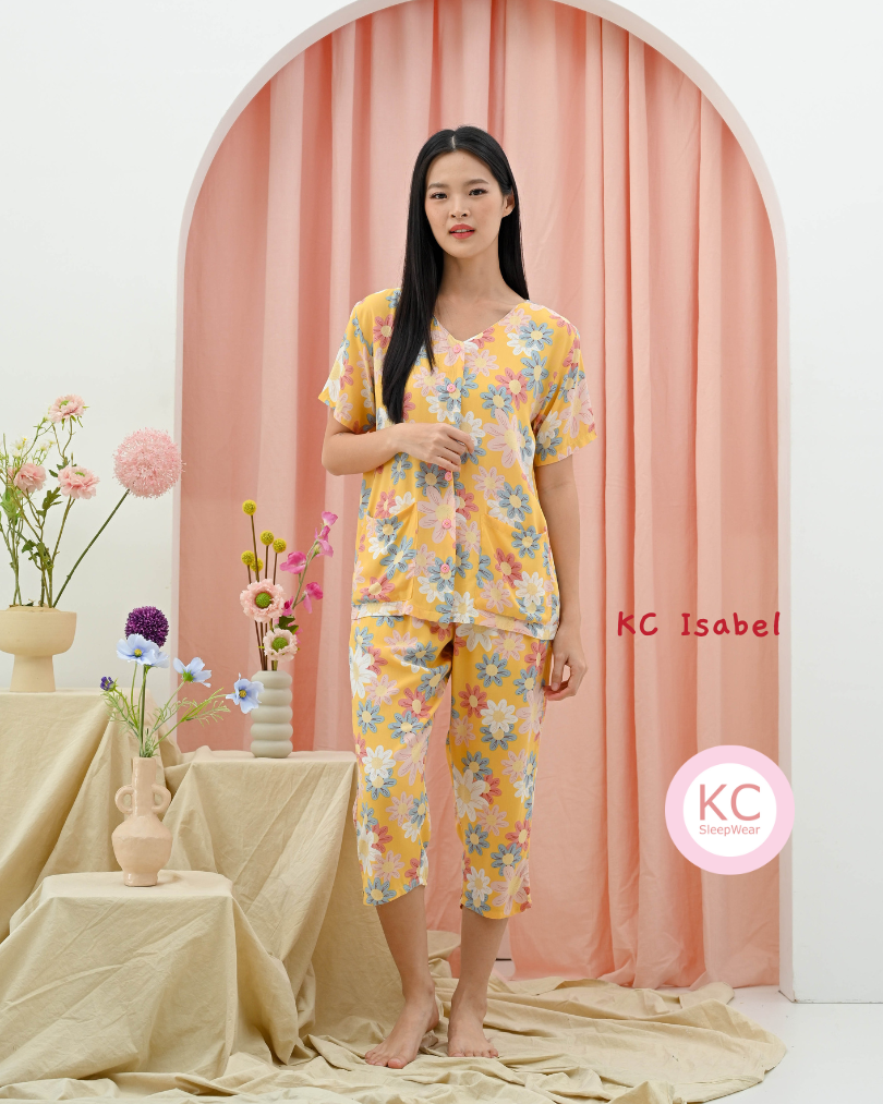 KC Isabel in Daily Spring Wanita V-Neck Celana 7/8 Lengan Pendek Piyama Baju Tidur