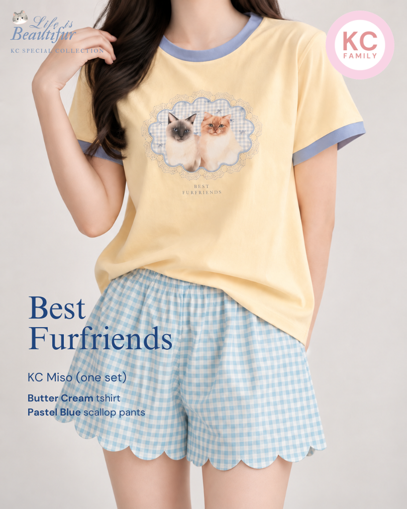 KC Miso in Best Furfriends Baju Kaos dengan Celana Pendek Piyama Kaos