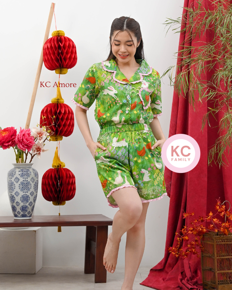 KC Amore in Garden Bunny cane Piyama Wanita Lengan Pendek Celana Pendek