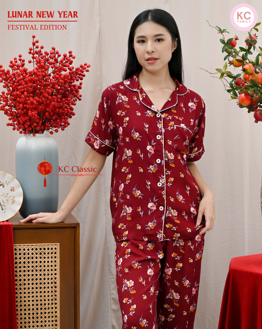 KC Classic in Floraison  Baju Tidur Wanita Piyama Imlek Celana Panjang Lengan Pendek