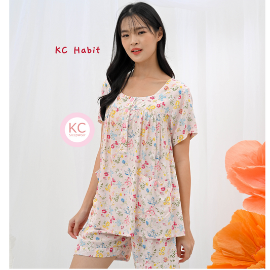 KC Habit in Little Pink Fleur Piyama Baju Tidur Wanita Lengan Pendek Celana Pendek