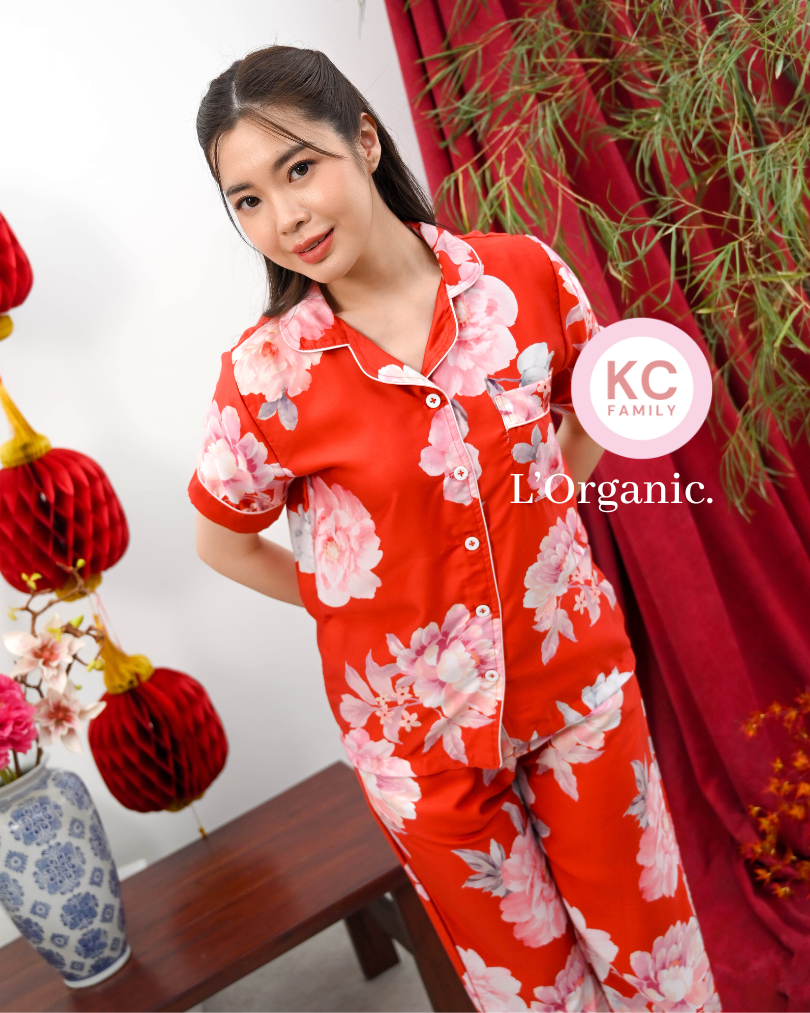 KC Classic Pajama in Pretty Peony Baju Tidur Wanita Piyama Celana Panjang Lengan Pendek Organic