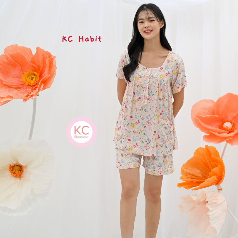 KC Habit in Little Pink Fleur Piyama Baju Tidur Wanita Lengan Pendek Celana Pendek