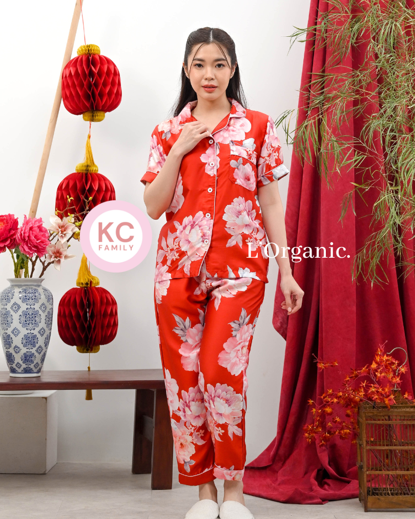 KC Classic Pajama in Pretty Peony Baju Tidur Wanita Piyama Celana Panjang Lengan Pendek Organic