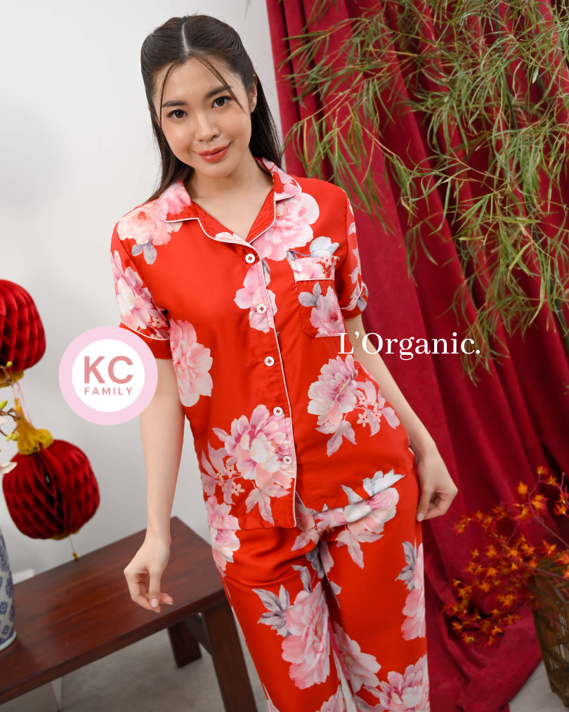 KC Classic Pajama in Pretty Peony Baju Tidur Wanita Piyama Celana Panjang Lengan Pendek Organic
