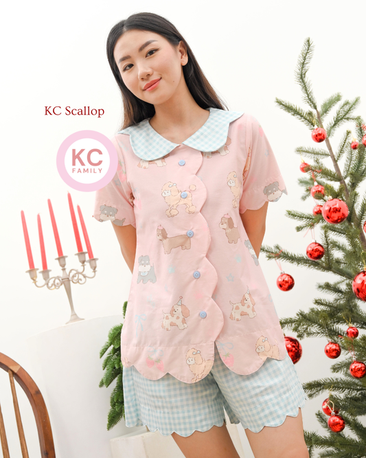 KC Scallop in Gingham Woof Piyama Wanita Baju Tidur Wanita Lengan Pendek Celana Pendek